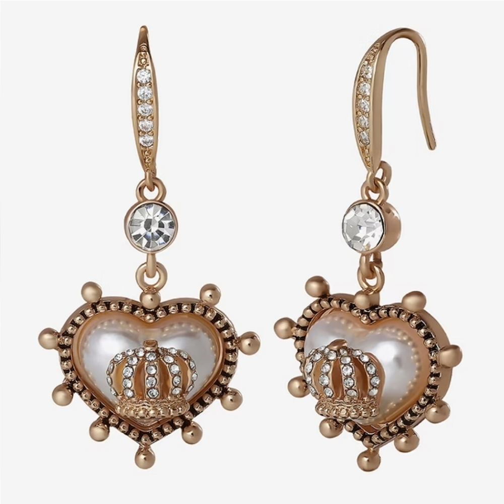 Juicy Couture Gold Crystal Crown Heart Drop Earrings - Picture 2 of 8